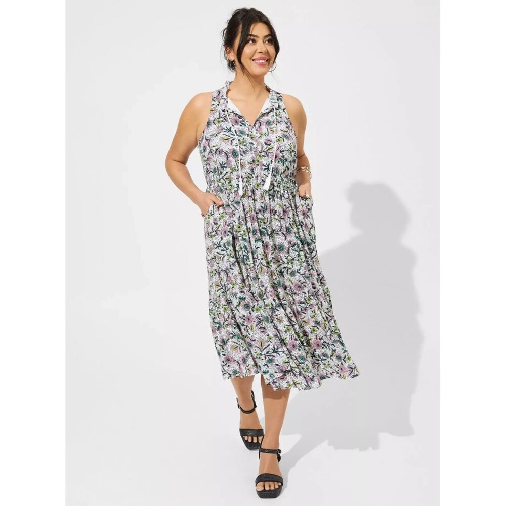 Torrid 1/1X Midi Wash Gauze Tiered Dress Chessie Linework Floral